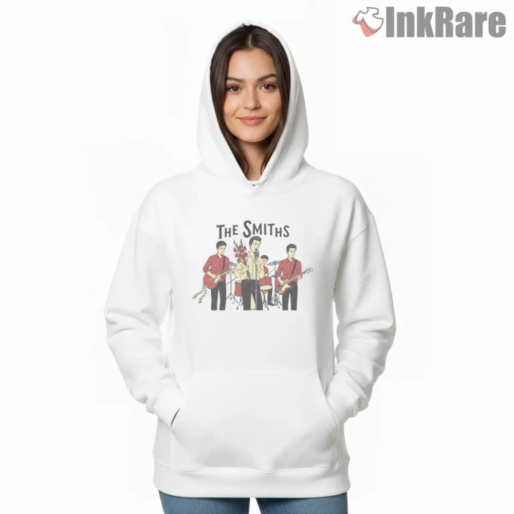The Smiths Cartoon Band Performance Tribute Indie Shirt on white hoodie for women graphic tee