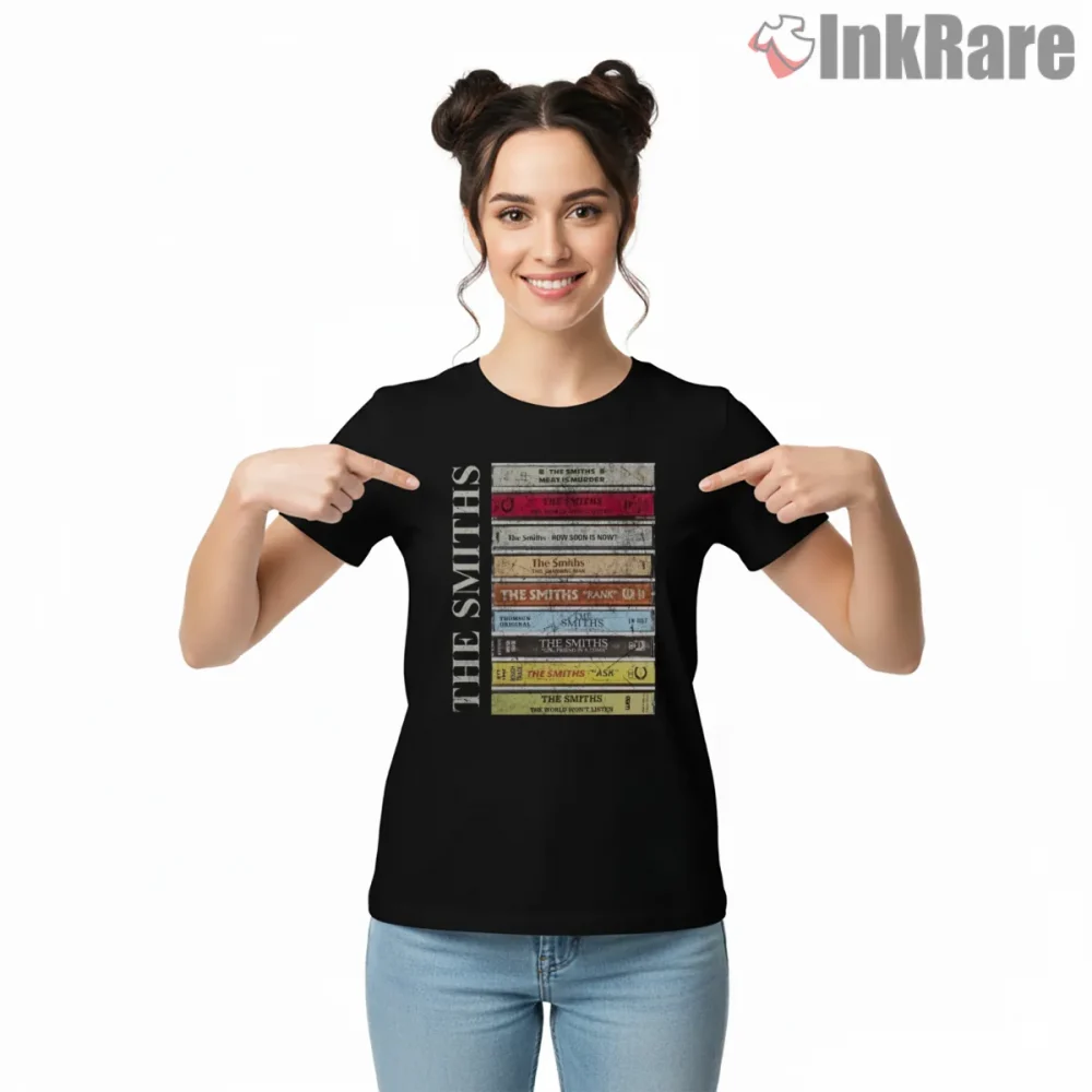 The Smiths Cassette Stack Vintage Album Indie Shirt on black short sleeve shirt for women graphic tee