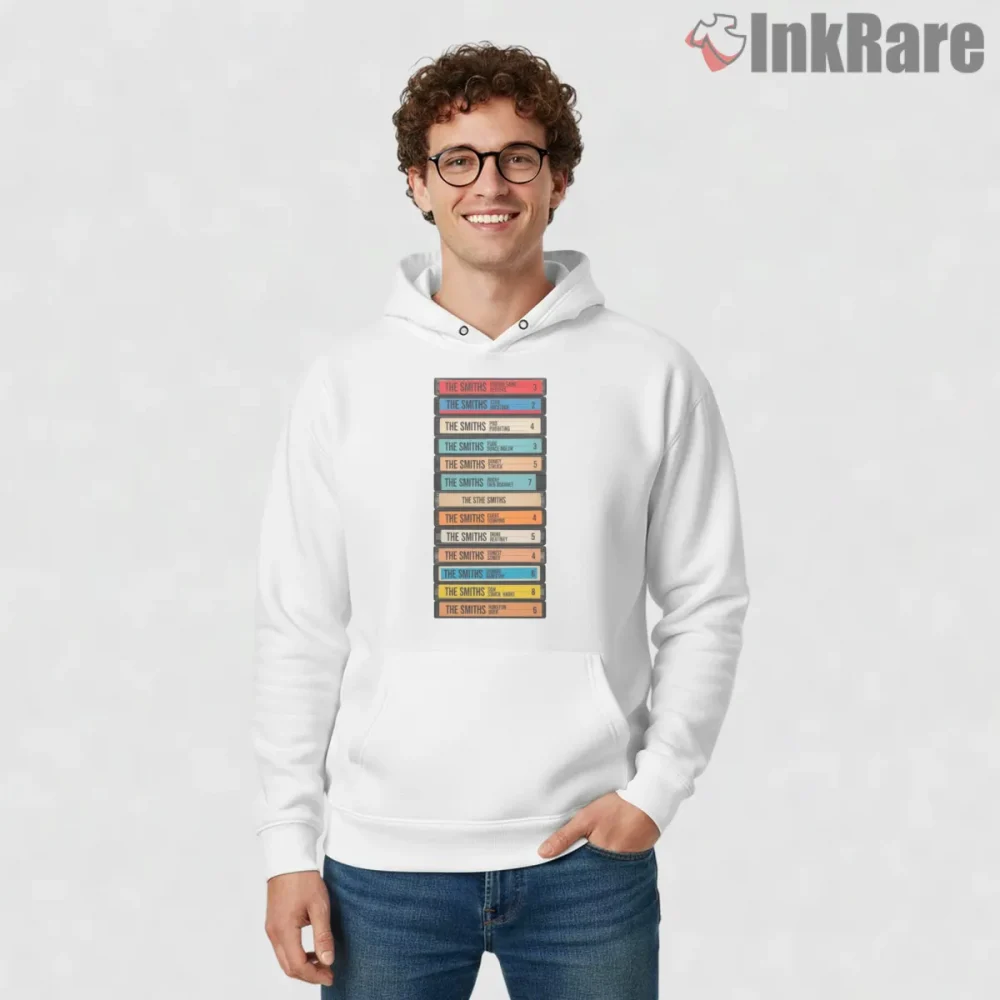 The Smiths Cassette Tape Stack Indie Vintage Album Shirt on white hoodie for men graphic tee
