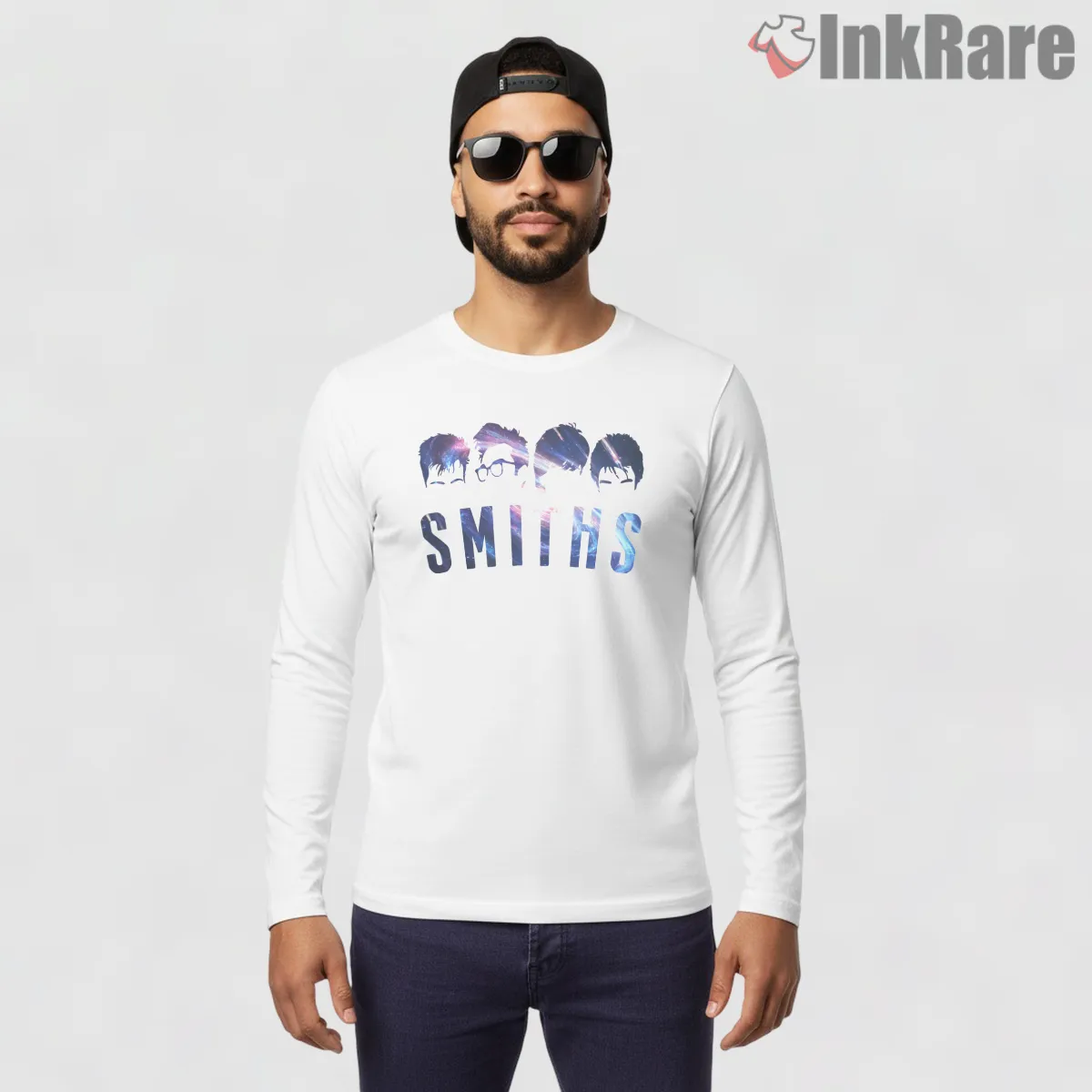 The Smiths Cosmic Silhouette Typography Indie Art Shirt on white long sleeve shirt for men graphic tee
