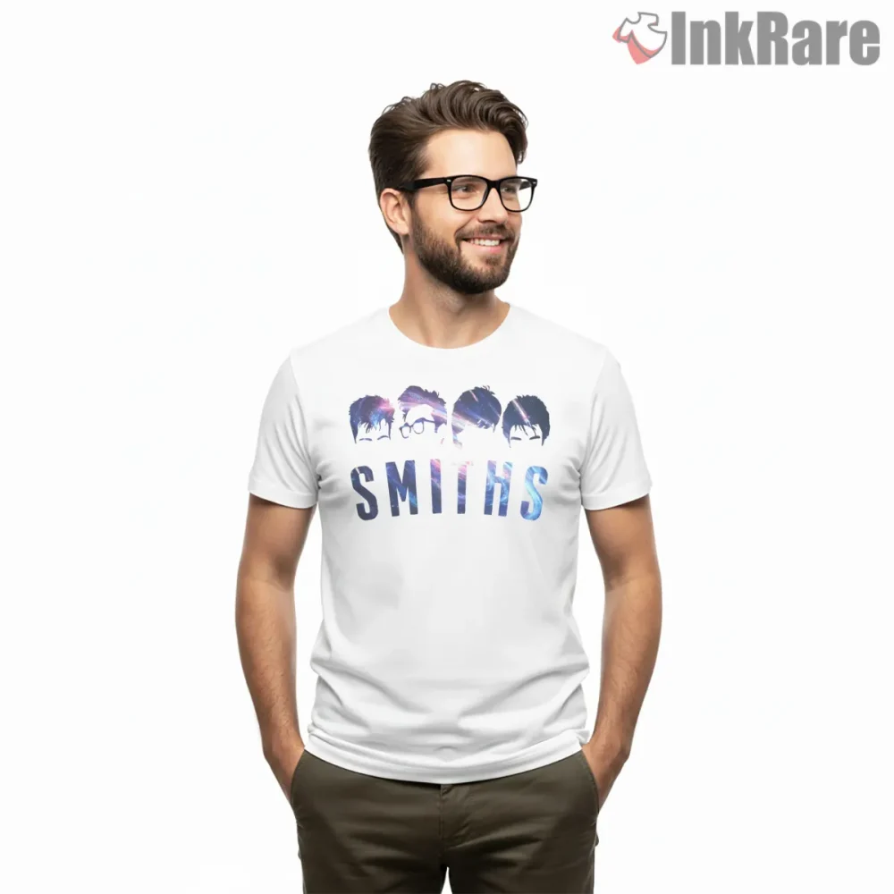 The Smiths Cosmic Silhouette Typography Indie Art Shirt on white short sleeve shirt for men graphic tee