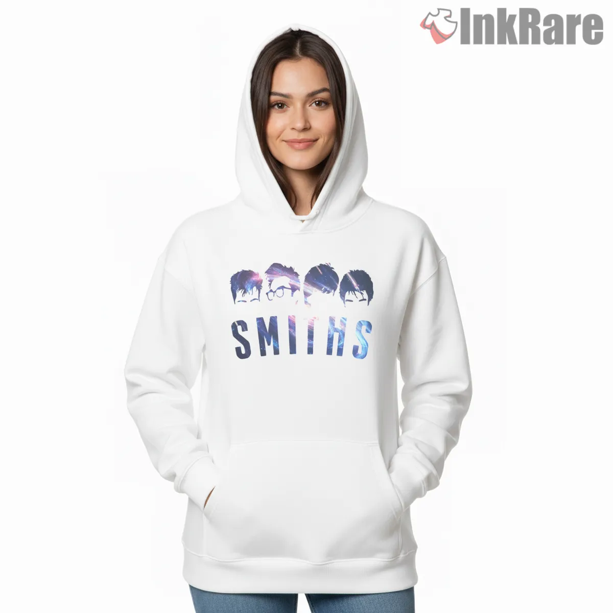 The Smiths Cosmic Silhouette Typography Indie Art Hoodie White The Smiths Cosmic Silhouette Typography Indie Art Shirt on white hoodie for women graphic tee