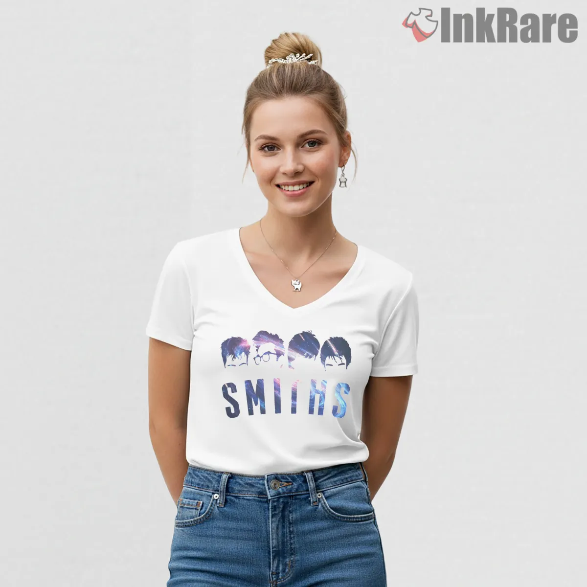 The Smiths Cosmic Silhouette Typography Indie Art V Neck White The Smiths Cosmic Silhouette Typography Indie Art Shirt on white v-neck shirt for women graphic tee