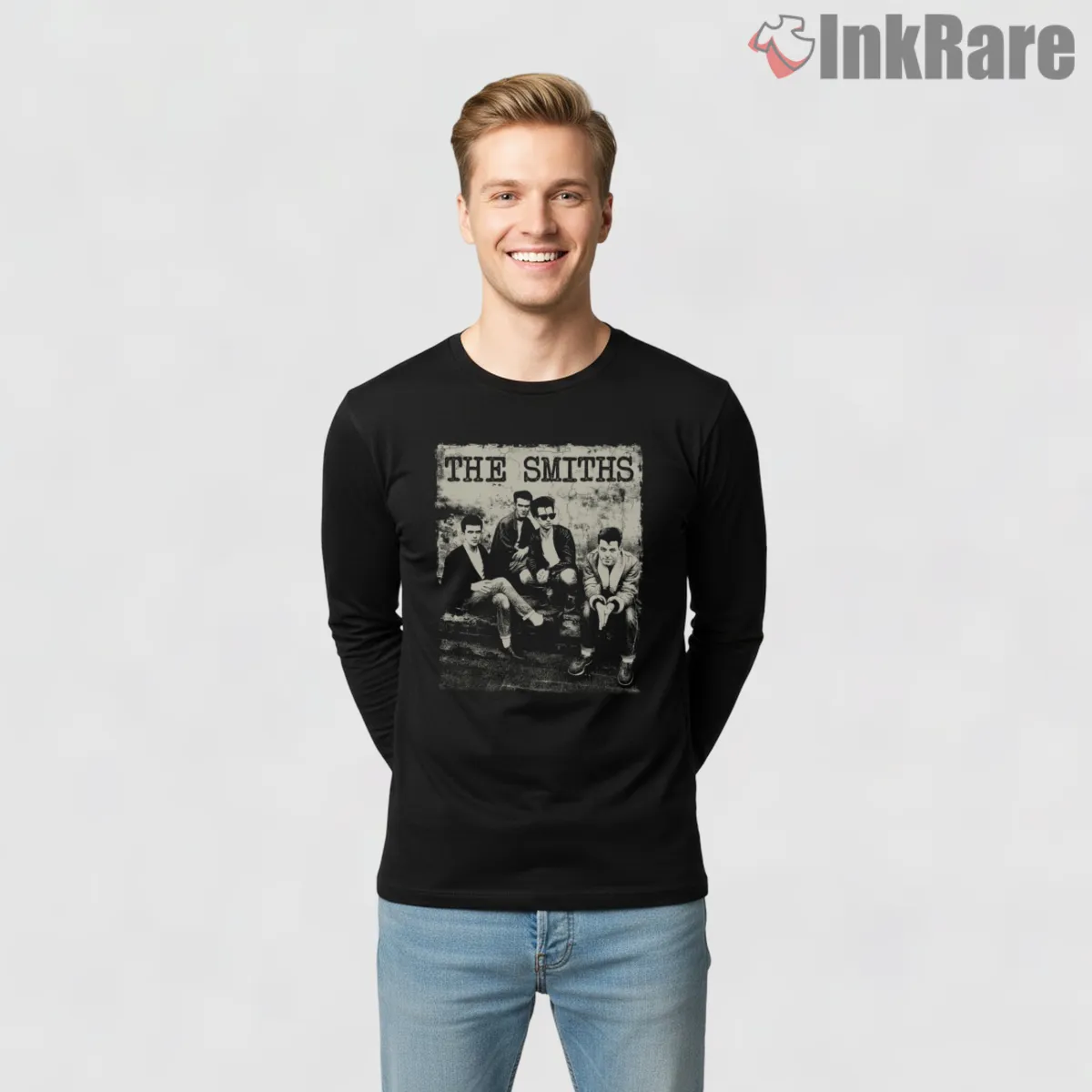 The Smiths Distressed Black And White Band Portrait Shirt on black long sleeve shirt for men graphic tee