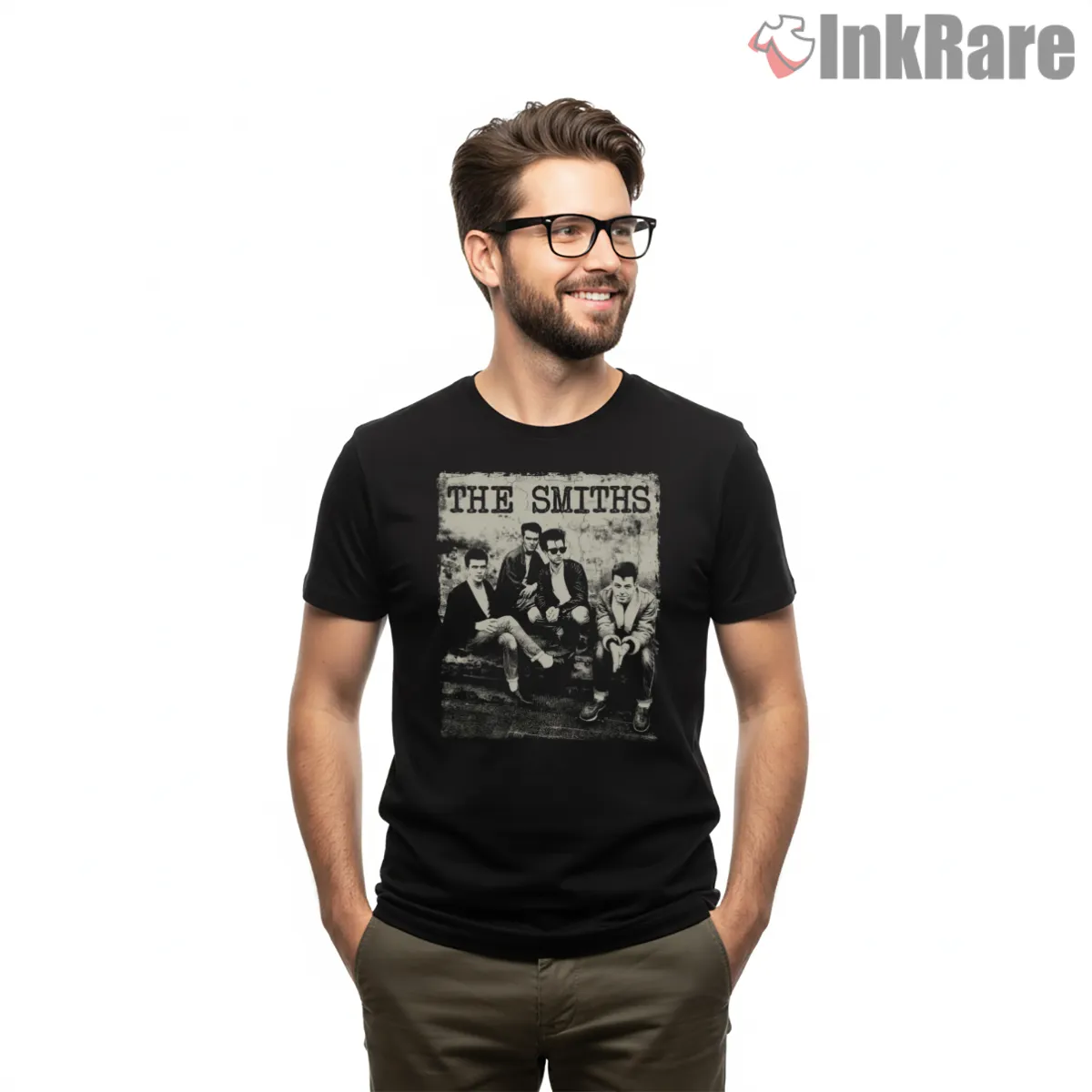 The Smiths Distressed Black And White Band Portrait Short Sleeve Black The Smiths Distressed Black And White Band Portrait Shirt on black short sleeve shirt for men graphic tee