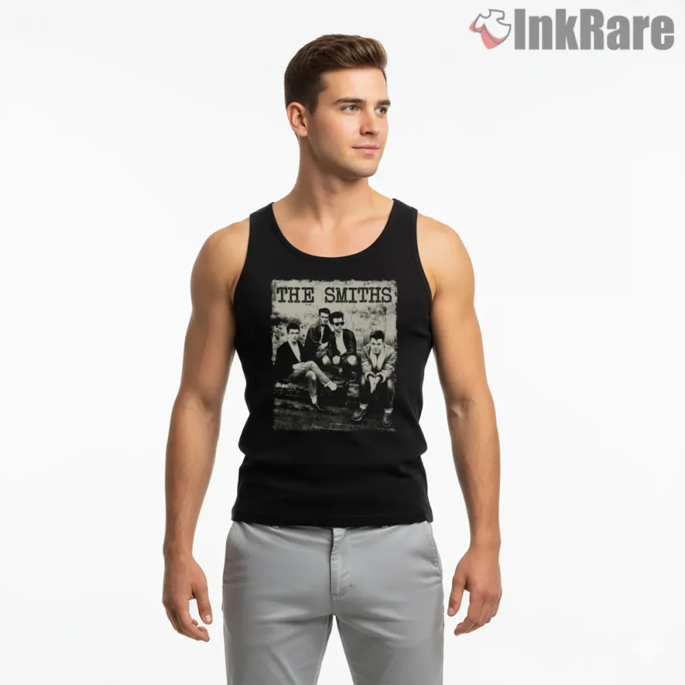 The Smiths Distressed Black And White Band Portrait Shirt on black tank top for men graphic tee