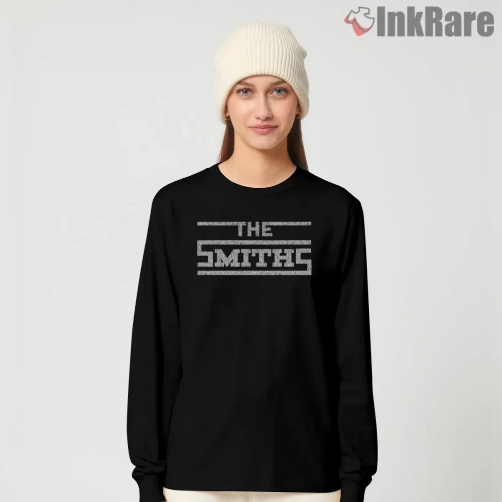 The Smiths Distressed Block Logo Minimal Indie Shirt on black long sleeve shirt for women graphic tee