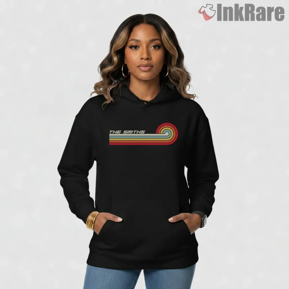 The Smiths Horizontal Rainbow Stripe Retro Indie Shirt on black hoodie for women graphic tee
