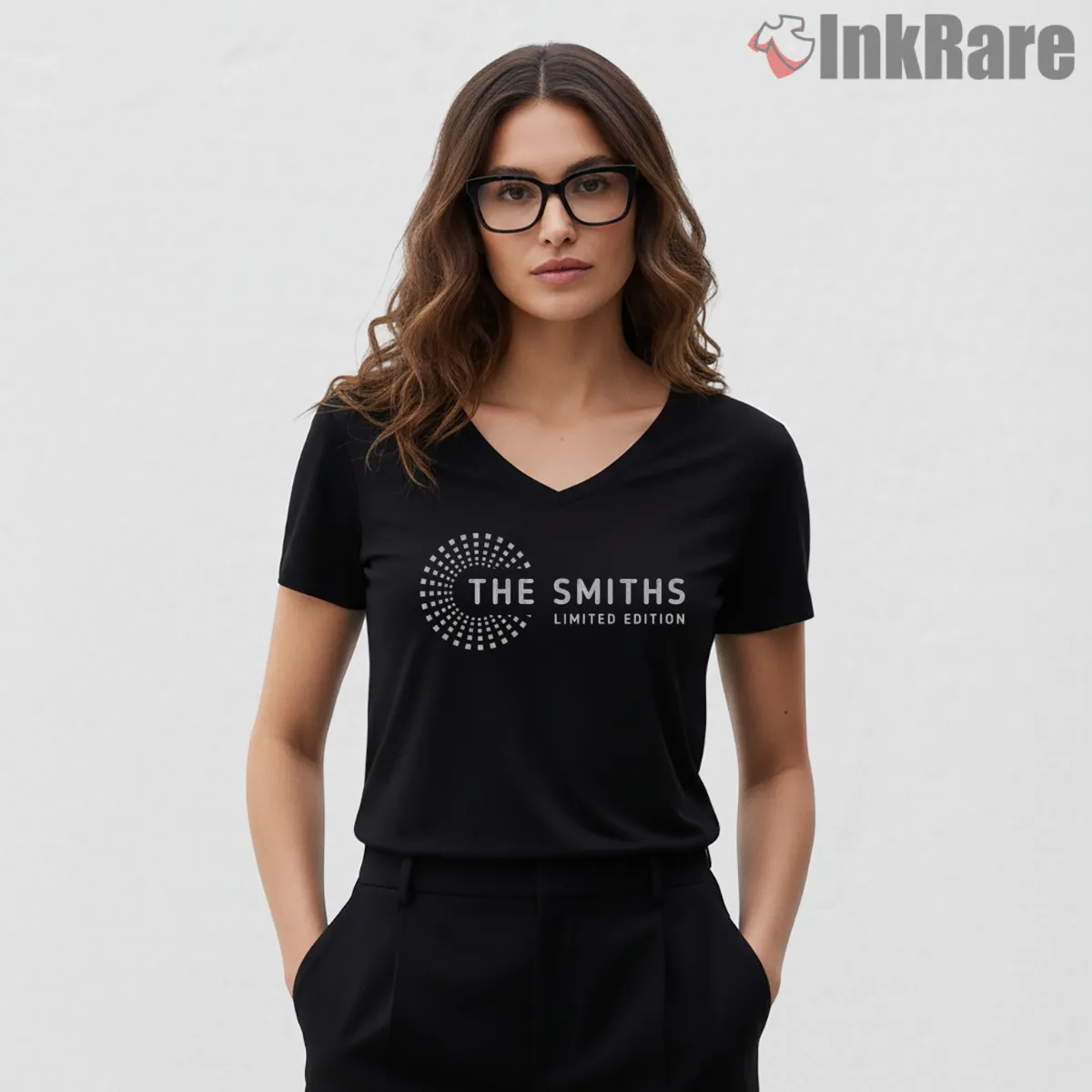 The Smiths Limited Edition Circle Logo Minimal Indie V Neck Black The Smiths Limited Edition Circle Logo Minimal Indie Shirt on black v-neck shirt for women graphic tee