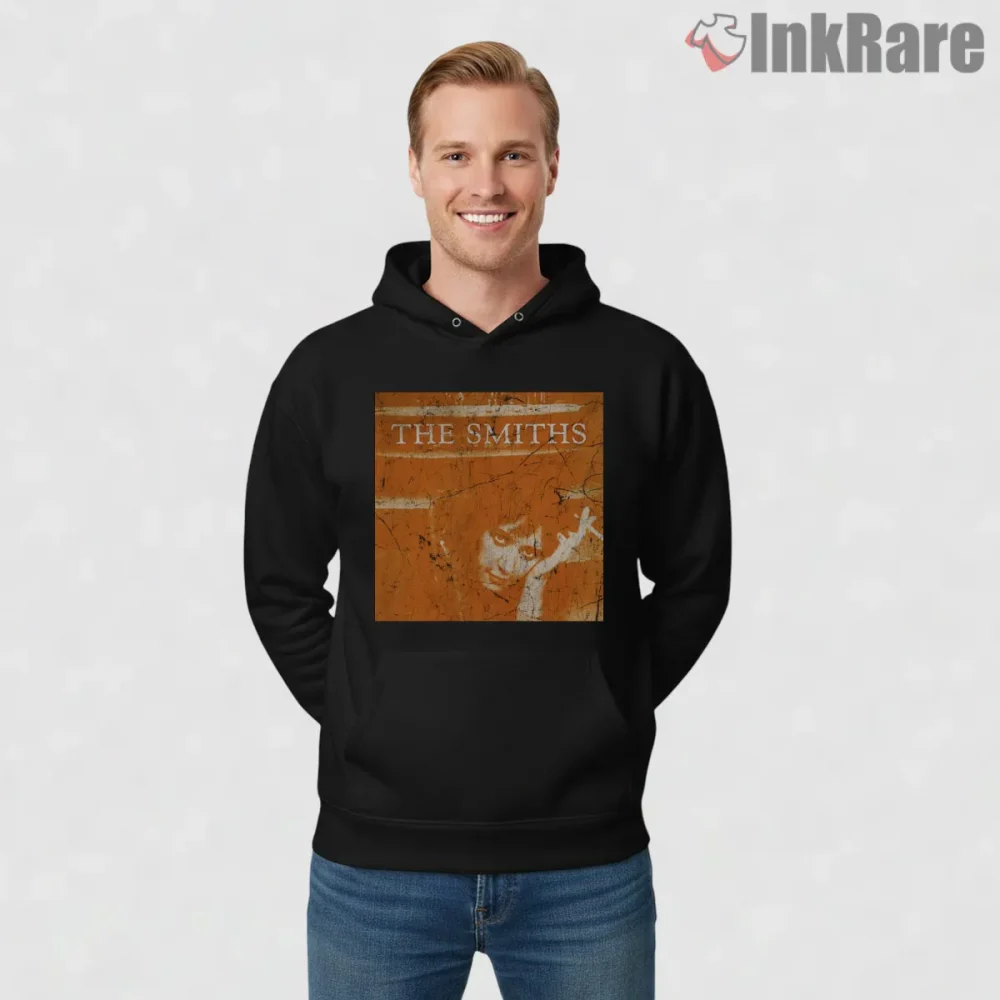 The Smiths Louder Than Bombs Vintage Orange Texture Shirt on black hoodie for men graphic tee
