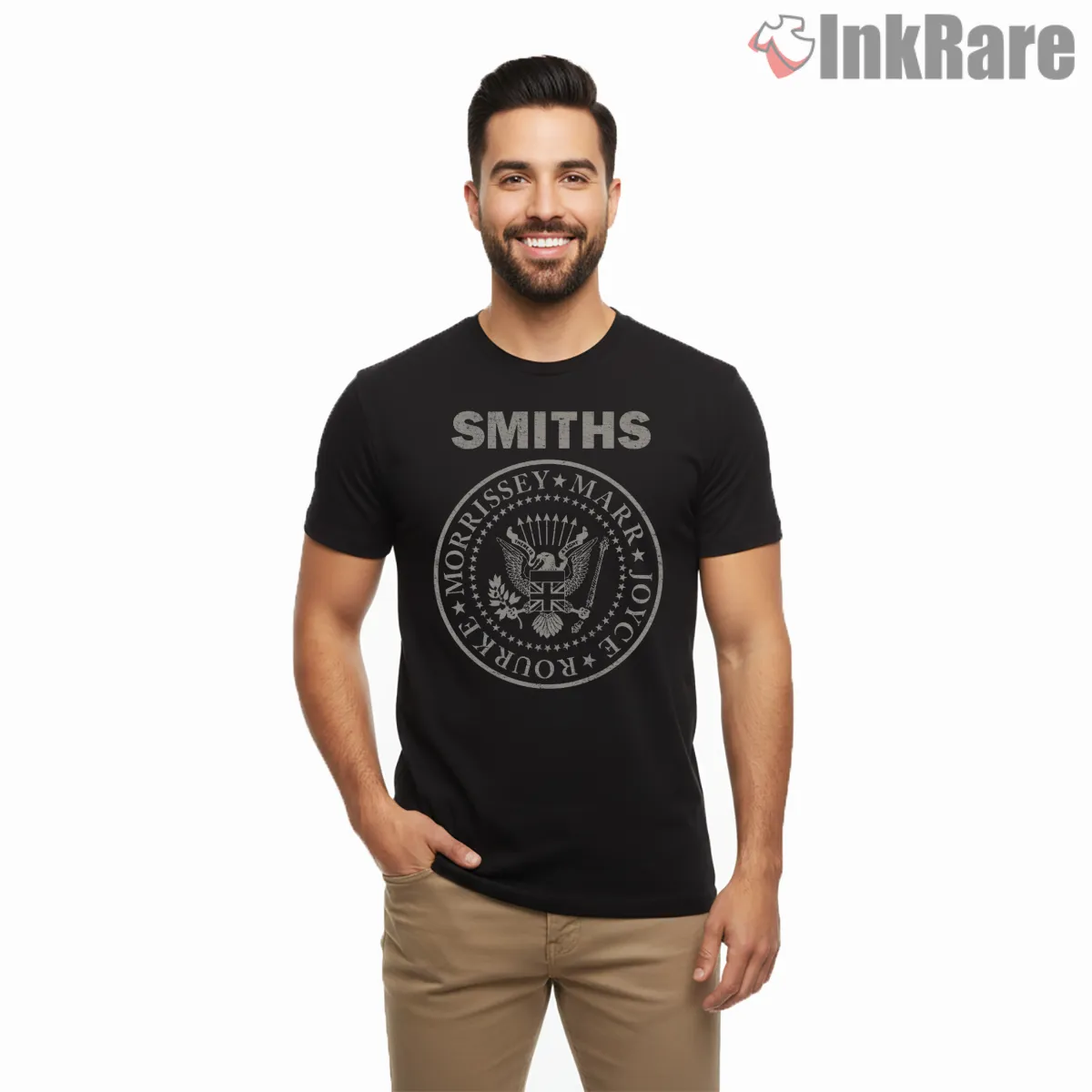 The Smiths Morrissey Marr Crest Circle Emblem Shirt on black short sleeve shirt for men graphic tee