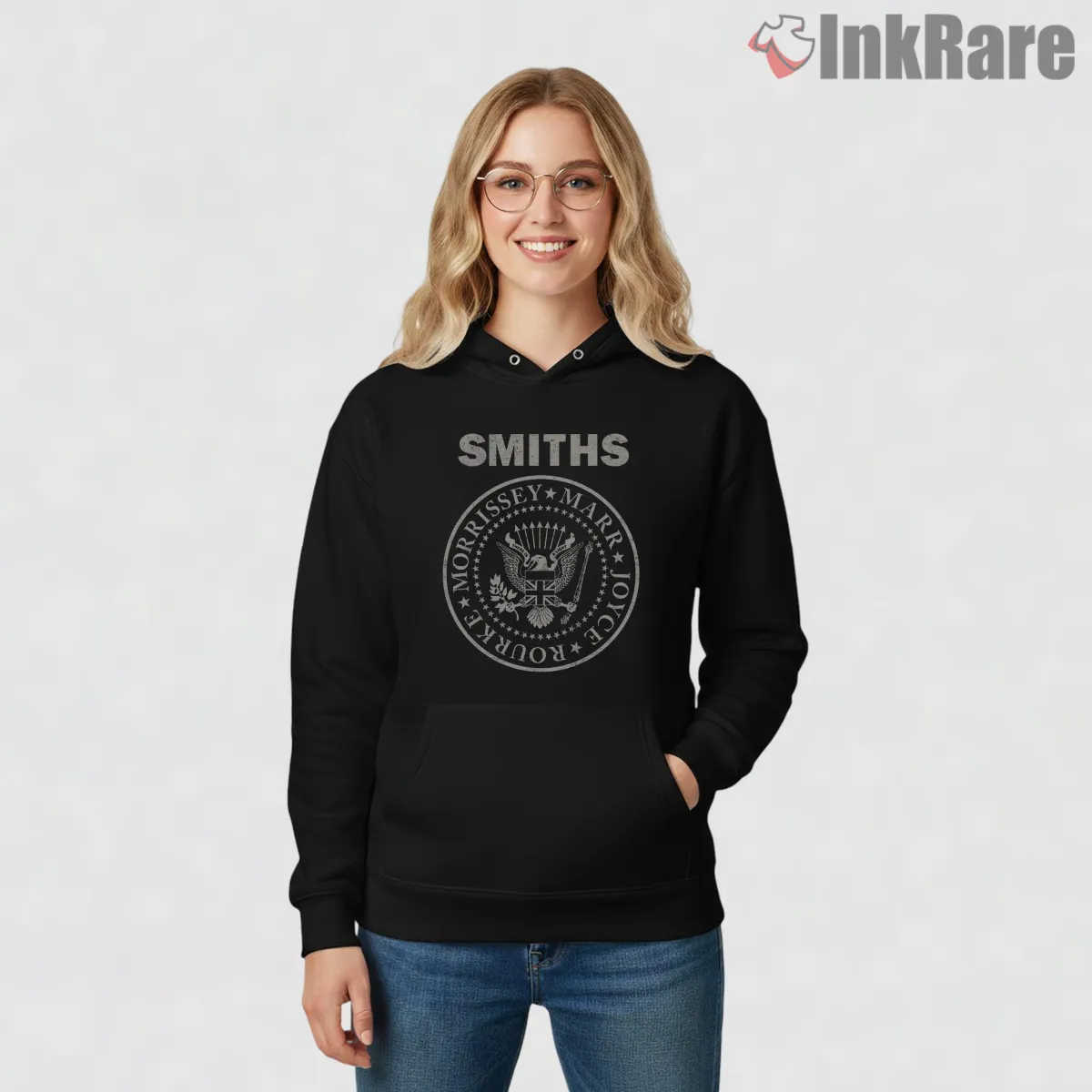 The Smiths Morrissey Marr Crest Circle Emblem Hoodie Black The Smiths Morrissey Marr Crest Circle Emblem Shirt on black hoodie for women graphic tee