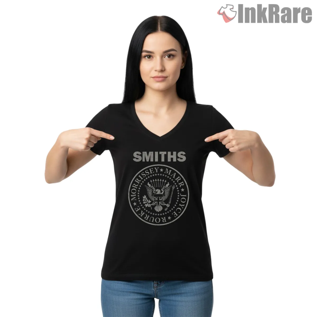 The Smiths Morrissey Marr Crest Circle Emblem V Neck Black The Smiths Morrissey Marr Crest Circle Emblem Shirt on black v-neck shirt for women graphic tee