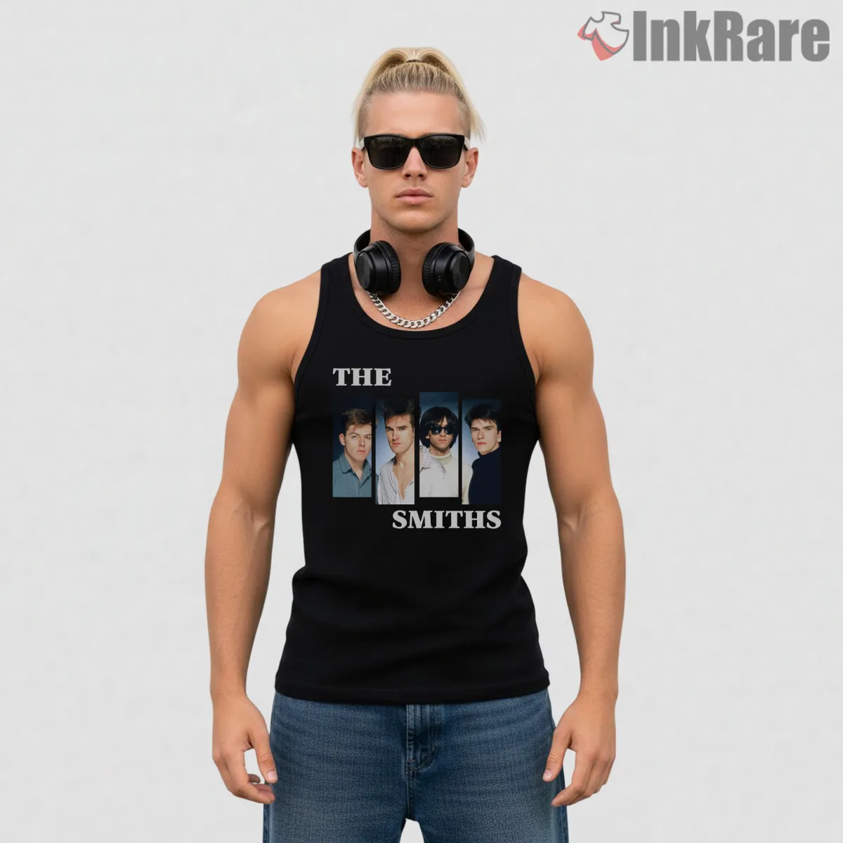 The Smiths Multi Panel Portrait Band Members Shirt on black tank top for men graphic tee