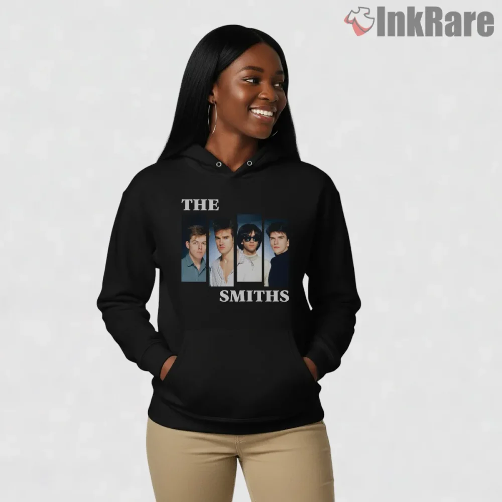 The Smiths Multi Panel Portrait Band Members Shirt on black hoodie for women graphic tee