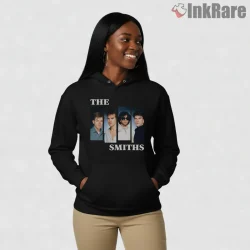 The Smiths Multi Panel Portrait Band Members Shirt on black hoodie for women graphic tee