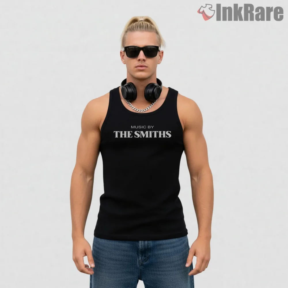 The Smiths Music By Typography Minimal Indie Shirt on black tank top for men graphic tee