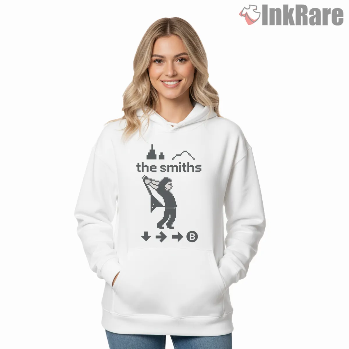 The Smiths Pixel Dance Indie Retro Gaming Crossover Shirt on white hoodie for women graphic tee