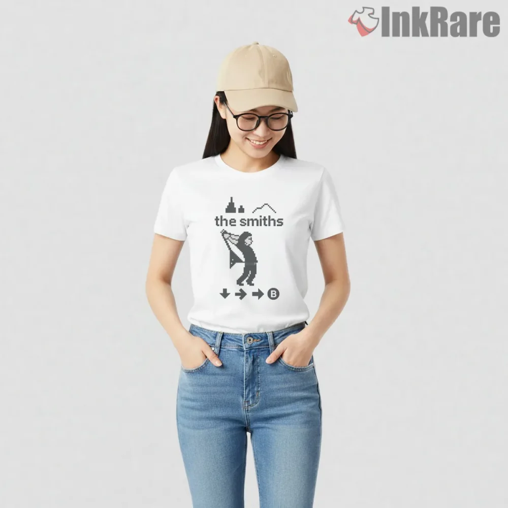 The Smiths Pixel Dance Indie Retro Gaming Crossover Shirt on white short sleeve shirt for women graphic tee