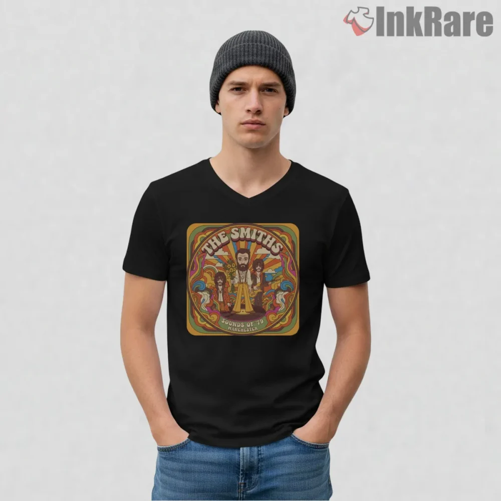 The Smiths Psychedelic Manchester 79 Tribute Indie Shirt on black v-neck shirt for men graphic tee