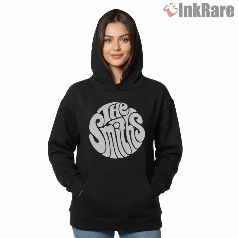 The Smiths Psychedelic Swirl Logo Retro Indie Shirt on black hoodie for women graphic tee