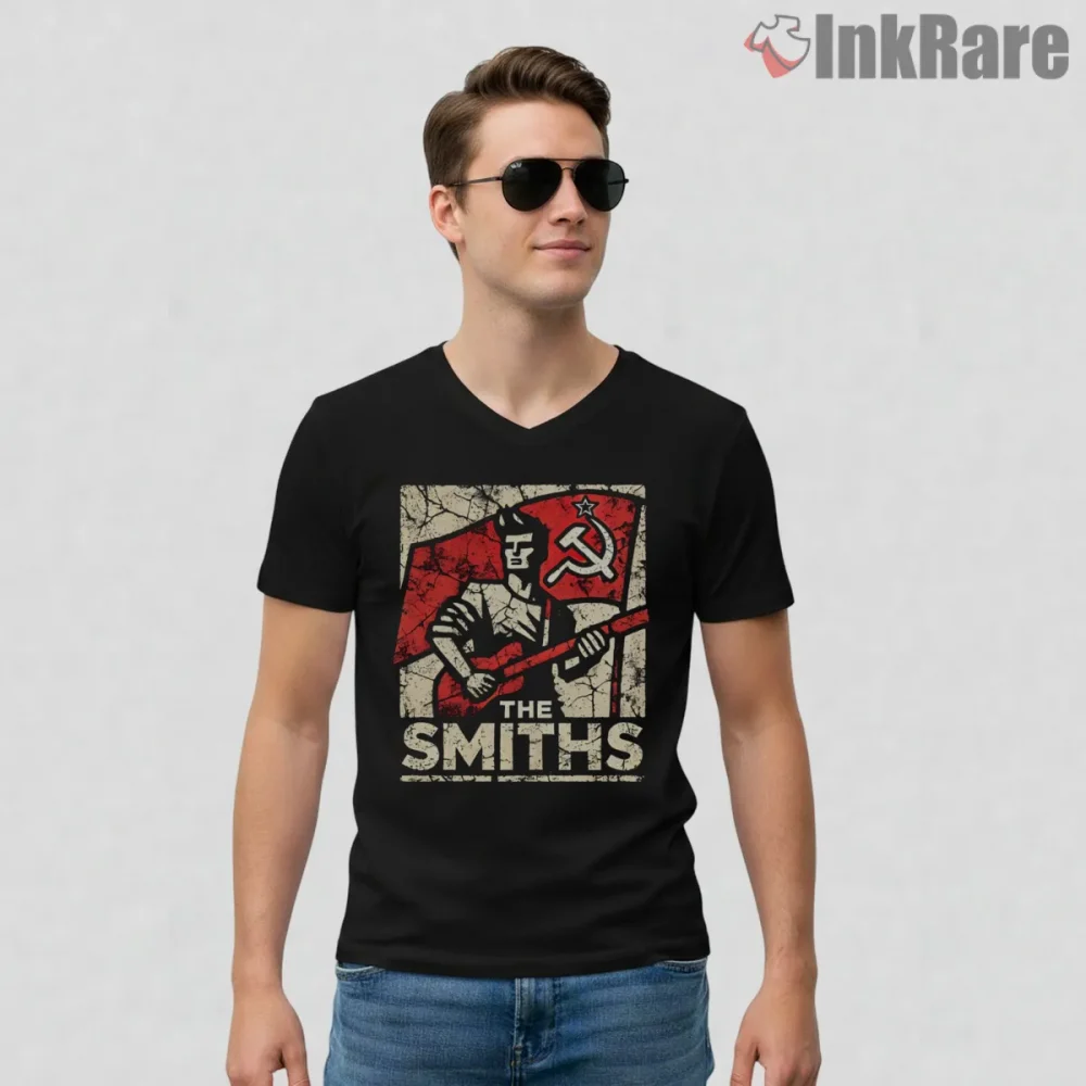 The Smiths Red Flag Worker Graphic Political Indie Shirt on black v-neck shirt for men graphic tee