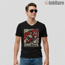 The Smiths Red Flag Worker Graphic Political Indie Shirt on black v-neck shirt for men graphic tee