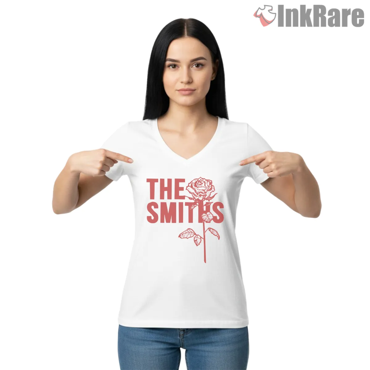 The Smiths Red Rose Minimal Indie Icon Graphic V Neck White The Smiths Red Rose Minimal Indie Icon Graphic Shirt on white v-neck shirt for women graphic tee