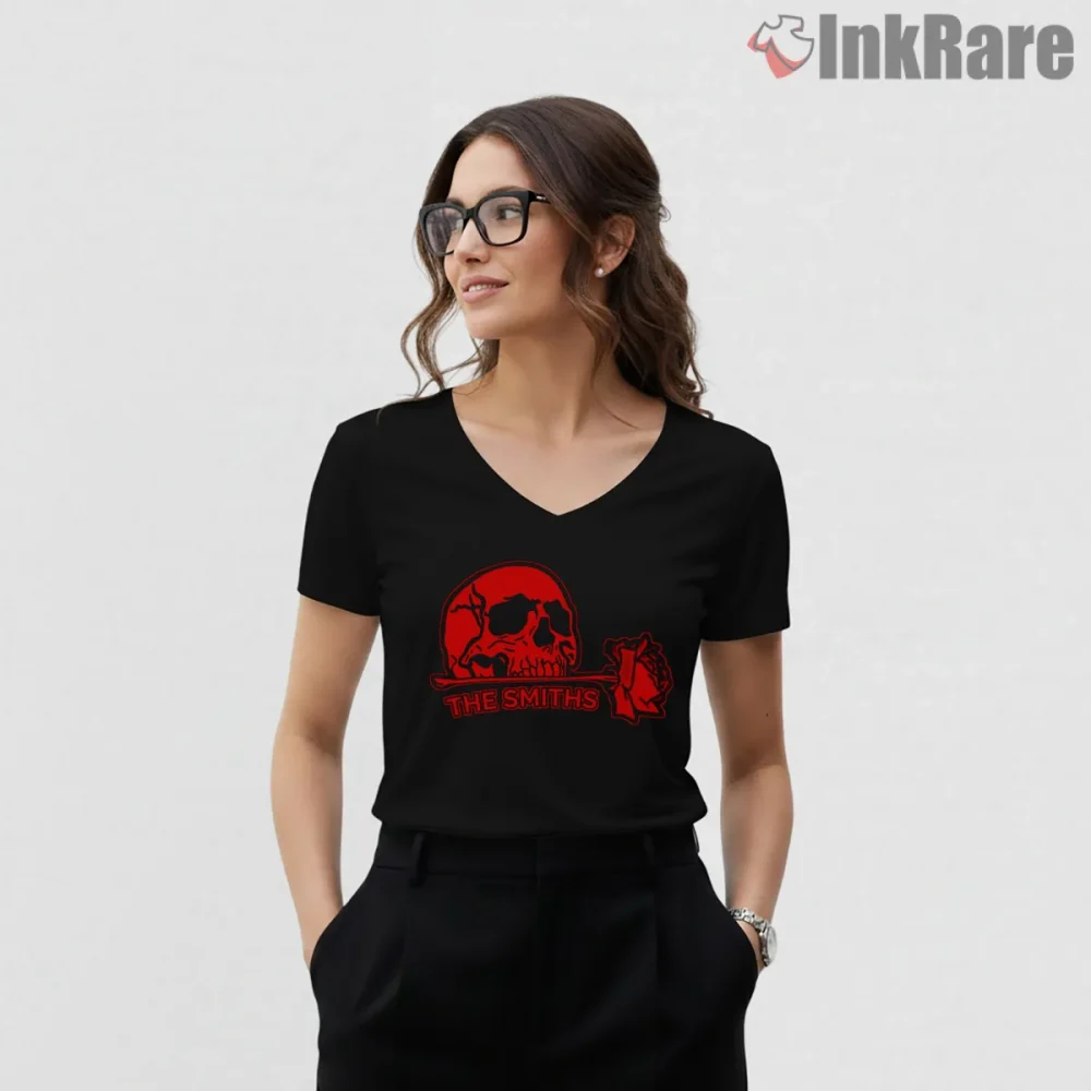 The Smiths Red Skull Rose Gothic Indie Graphic Shirt on black v-neck shirt for women graphic tee