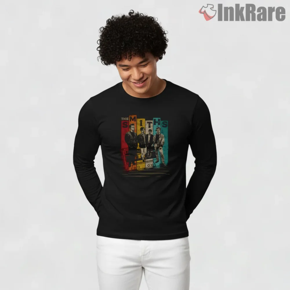 The Smiths Retro Cassette Stripe Indie Vintage Band Shirt on black long sleeve shirt for men graphic tee