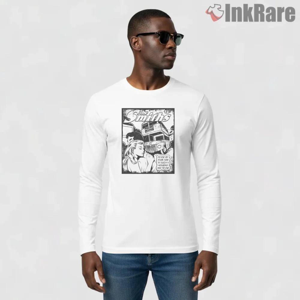 The Smiths Retro Comic Bus Scene Indie Graphic Shirt on white long sleeve shirt for men graphic tee