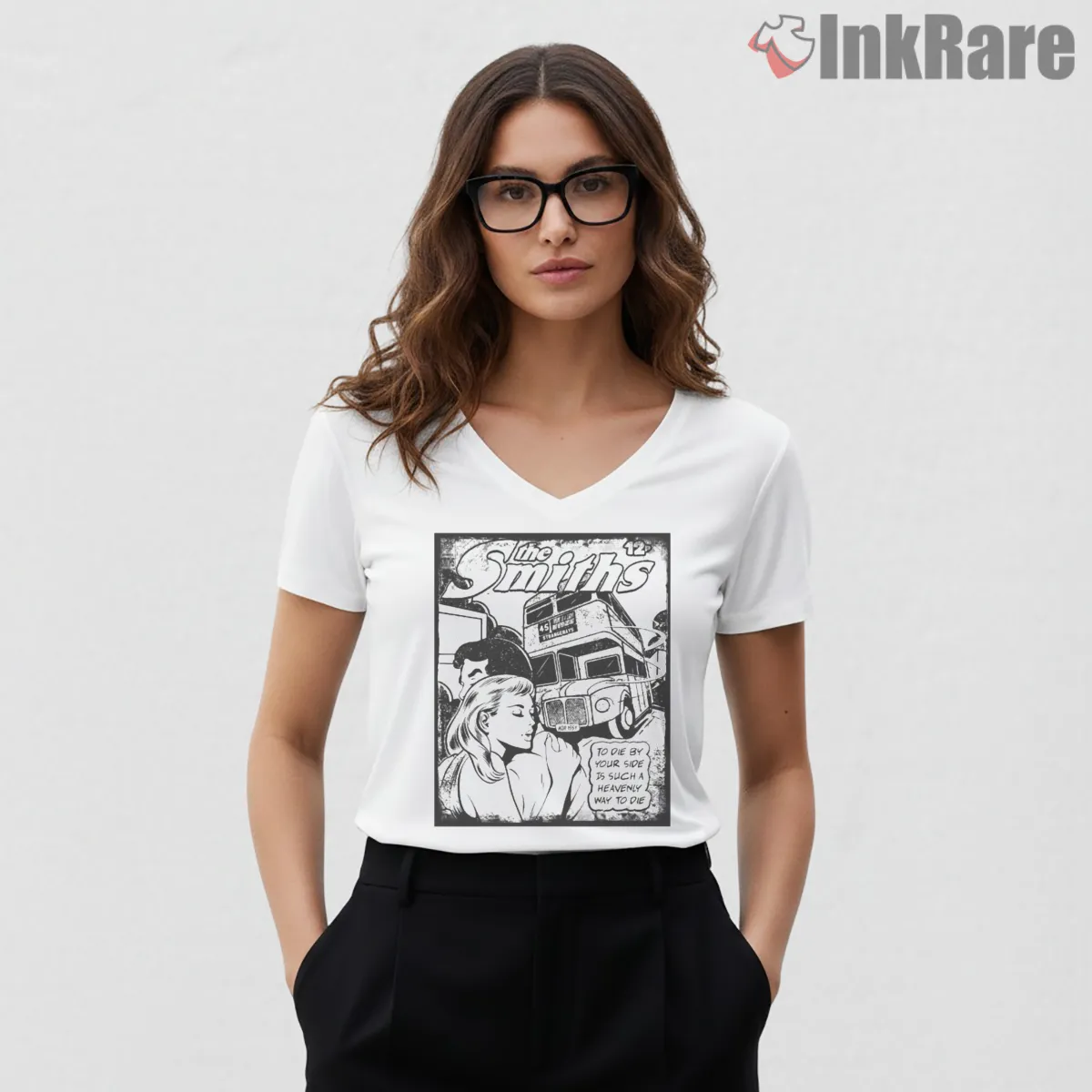 The Smiths Retro Comic Bus Scene Indie Graphic V Neck White The Smiths Retro Comic Bus Scene Indie Graphic Shirt on white v-neck shirt for women graphic tee