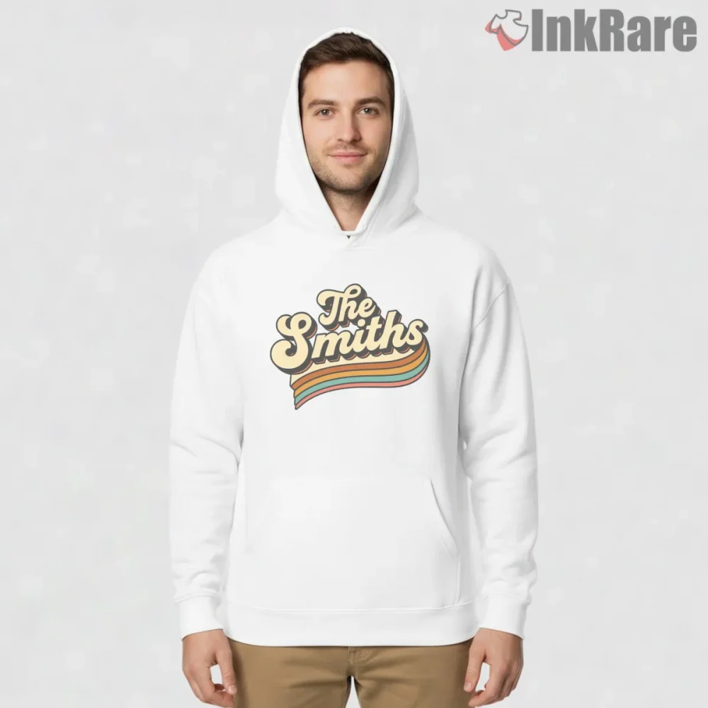 The Smiths Retro Script 70s Stripe Indie Aesthetic Shirt on white hoodie for men graphic tee