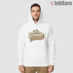 The Smiths Retro Script 70s Stripe Indie Aesthetic Shirt on white hoodie for men graphic tee
