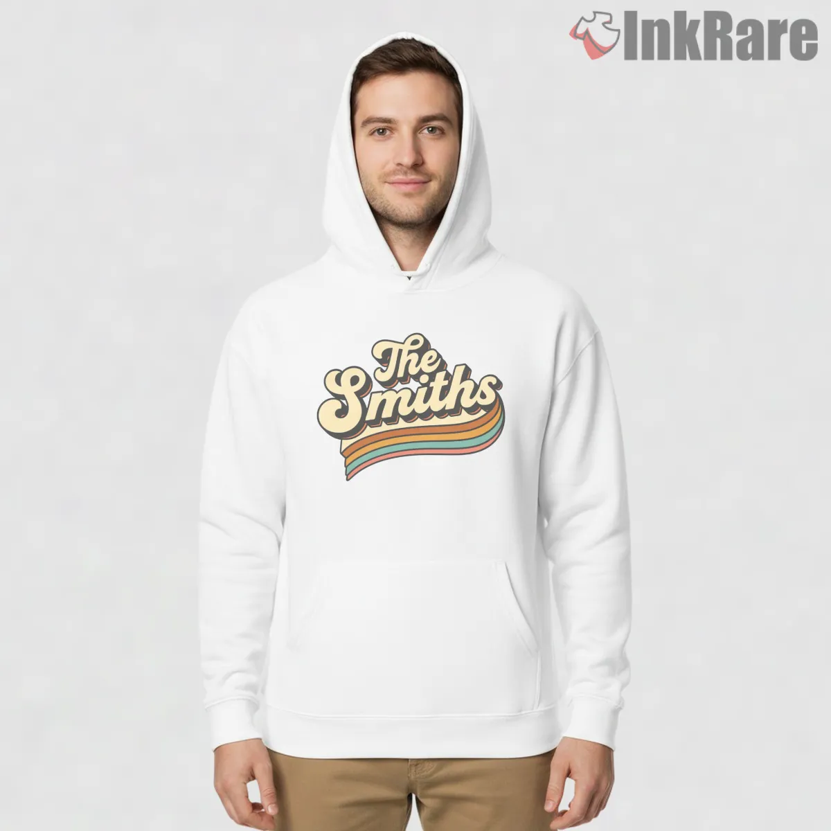 The Smiths Retro Script 70s Stripe Indie Aesthetic Hoodie White The Smiths Retro Script 70s Stripe Indie Aesthetic Shirt on white hoodie for men graphic tee
