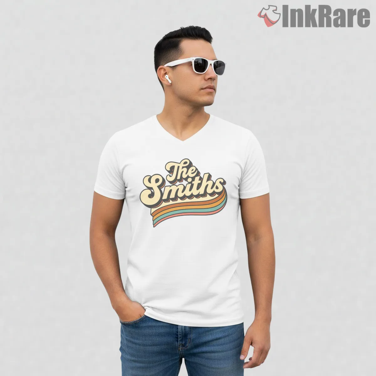 The Smiths Retro Script 70s Stripe Indie Aesthetic Shirt on white v-neck shirt for men graphic tee