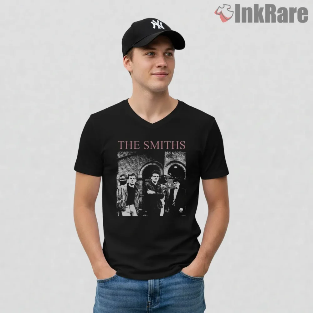 The Smiths Salford Lads Club Retro Rock Photo Shirt on black v-neck shirt for men graphic tee