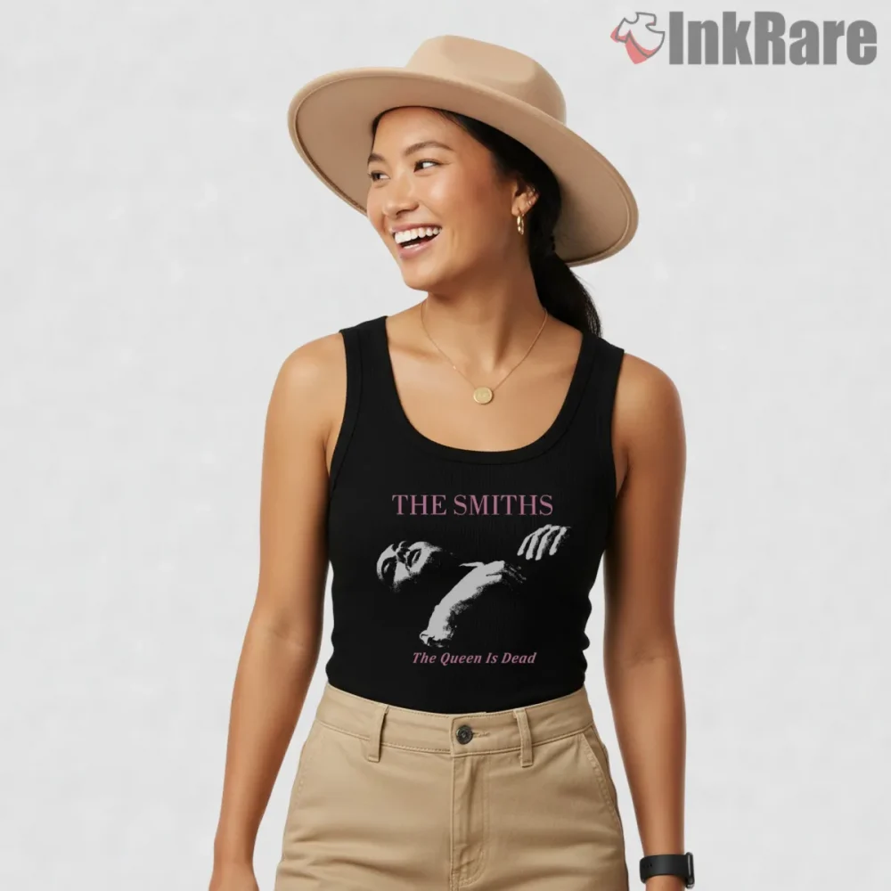 The Smiths The Queen Is Dead Minimal Dark Album Shirt on black tank top for women graphic tee