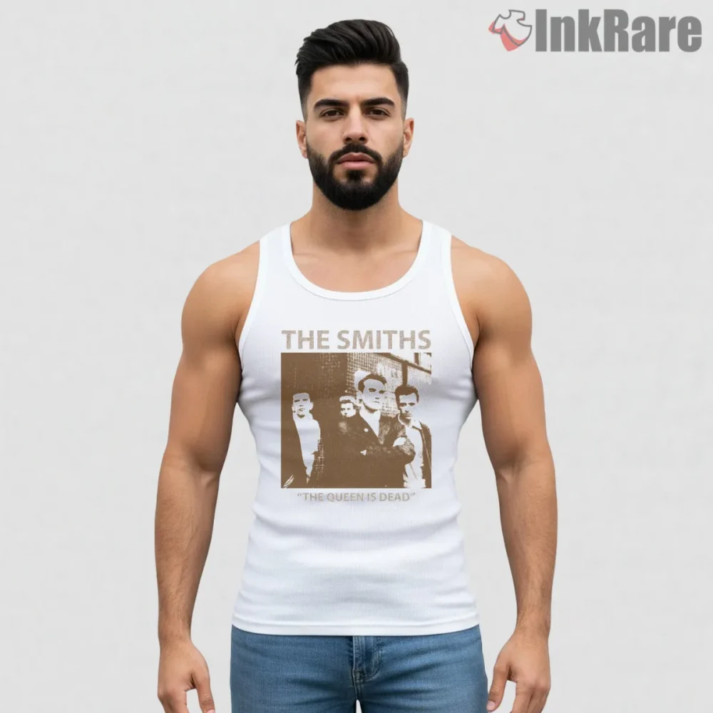 The Smiths The Queen Is Dead Vintage Album Style Shirt on white tank top for men graphic tee