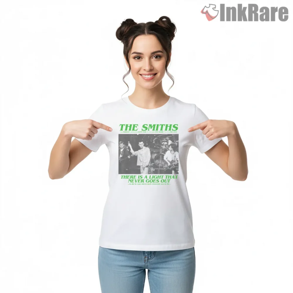 The Smiths There Is A Light Live Band Vintage Photo Shirt on white short sleeve shirt for women graphic tee