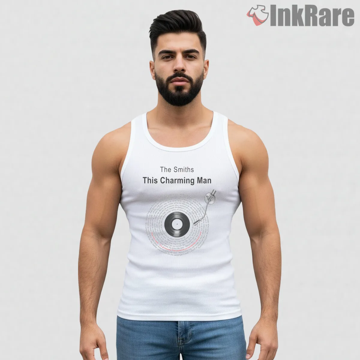 The Smiths This Charming Man Vinyl Typography Indie Tank Top White The Smiths This Charming Man Vinyl Typography Indie Shirt on white tank top for men graphic tee