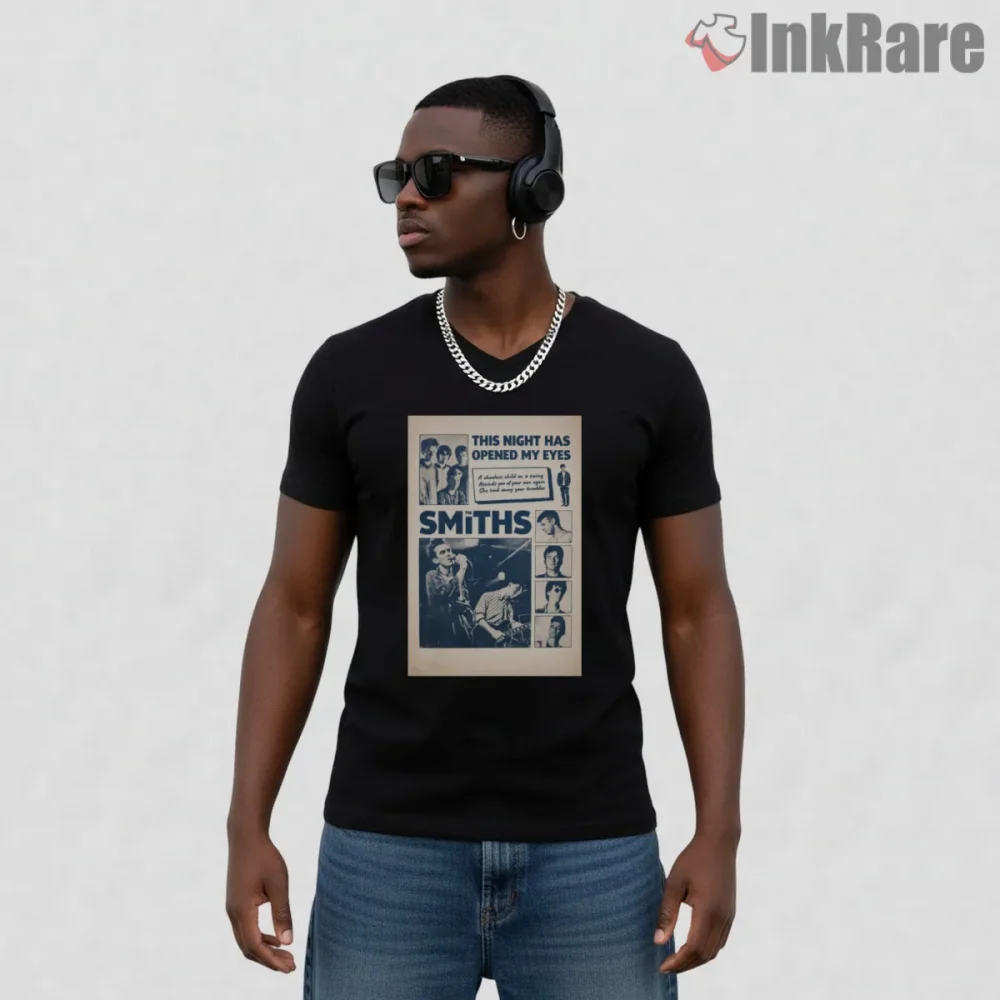 The Smiths This Night Has Opened My Eyes Poster Shirt on black v-neck shirt for men graphic tee