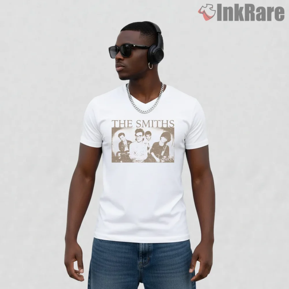The Smiths Vintage Band Portrait Sepia Tone Indie Shirt on white v-neck shirt for men graphic tee