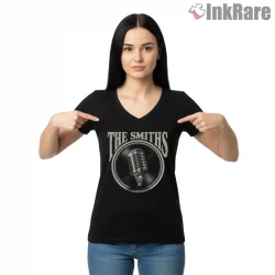 The Smiths Vintage Microphone Classic Music Emblem Shirt on black v-neck shirt for women graphic tee