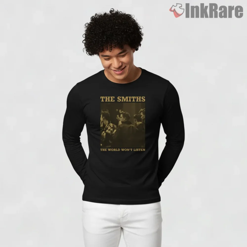 The Smiths Warm Tone Band Portrait Indie Art Shirt on black long sleeve shirt for men graphic tee