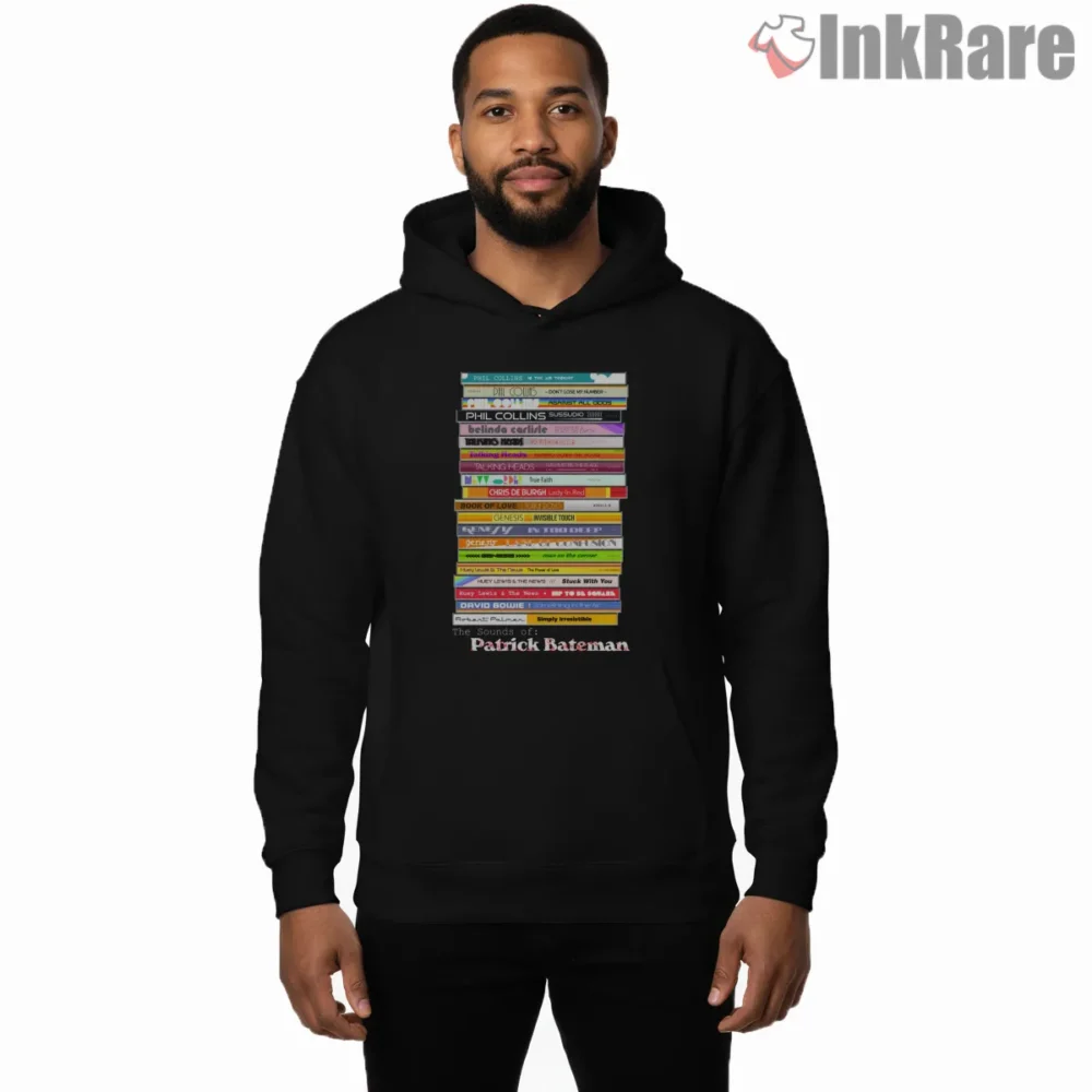 The Sounds Of Patrick Bateman Mixtape Shirt on black hoodie for men graphic tee