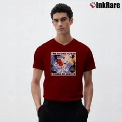 Men’s The Stone Roses Britpop Graphic V-Neck Tee in maroon | Sharp, Breathable, Everyday Staple