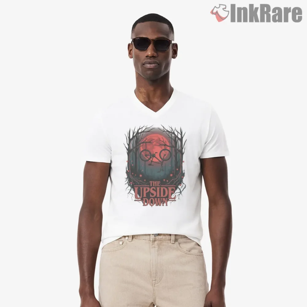 The Upside Down Haunted Forest Bike Adventure Shirt on white v-neck shirt for men graphic tee