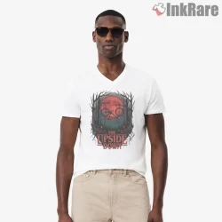 The Upside Down Haunted Forest Bike Adventure Shirt on white v-neck shirt for men graphic tee