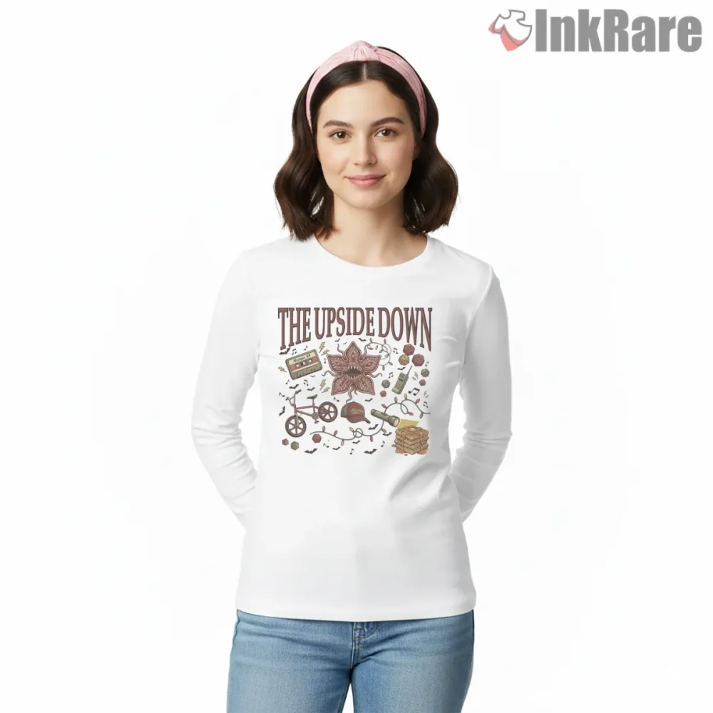 The Upside Down Retro Horror Icon Collage Shirt on white long sleeve shirt for women graphic tee